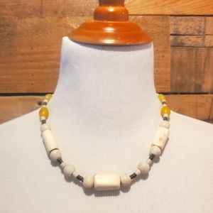 Vintage faux bone beaded necklace w/ yellow accent beads & brass rings